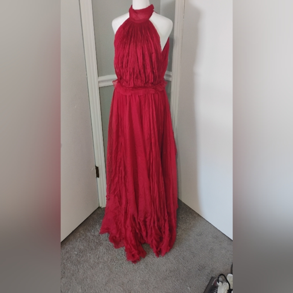 Maria Lucia Hohan Eslem Red Silk Halter Maxi Gown Cutout Back Sz 8 US